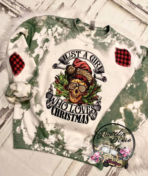 Just a Girl who Loves Christmas Skull Acid Bleach Crewneck Sweatshirt