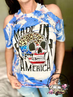 Made In America Leopard Skull Splatter Bleached Crewneck Tee or Could Shoulder